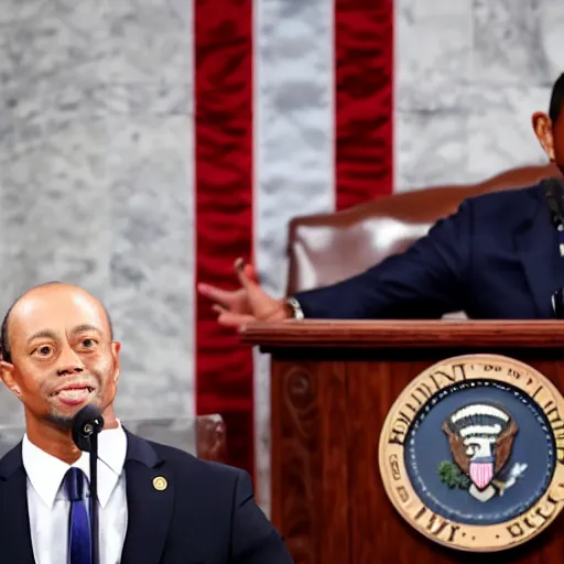 Image similar to tiger woods giving the state of the union address as president of the united states of america. ultra realistic. 4 k.