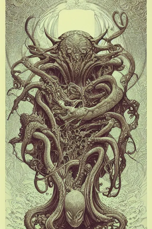 Image similar to cthulhu and a young chubby mexican man with curly hair, by artgerm and yoshitaka amano and moebius and hr giger and zdislaw beksinski and alphonse mucha, hyperdetailed, symmetry, glamour, surreal, dc comics, ornate, stunning, nebula, explosions in the sky, trending on artstation