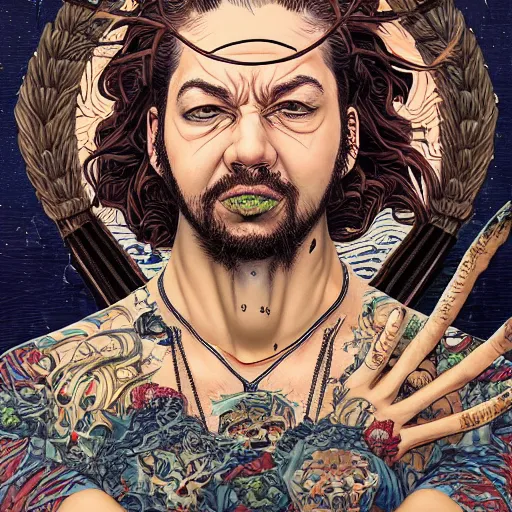 Prompt: portrait of crazy post malone, symmetrical, by yoichi hatakenaka, masamune shirow, josan gonzales and dan mumford, ayami kojima, takato yamamoto, barclay shaw, karol bak, yukito kishiro, areuz