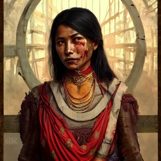 Prompt: portrait painting of a bloodied nepali female butcher wearing sari, ultra realistic, concept art, intricate details, eerie, highly detailed, photorealistic, octane render, 8 k, unreal engine. art by artgerm and greg rutkowski and alphonse mucha