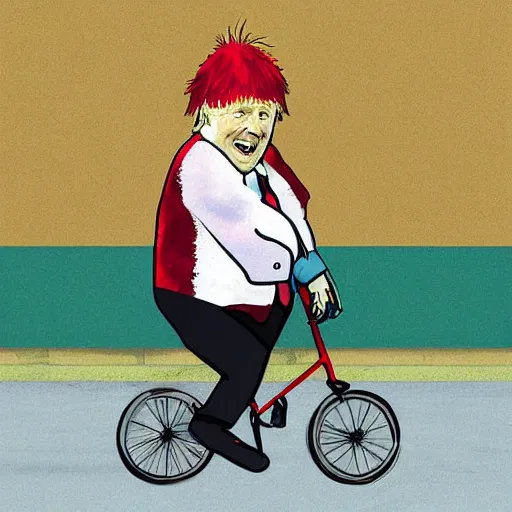 Image similar to Boris Johnson riding a unicycle in a silly costume, digital art