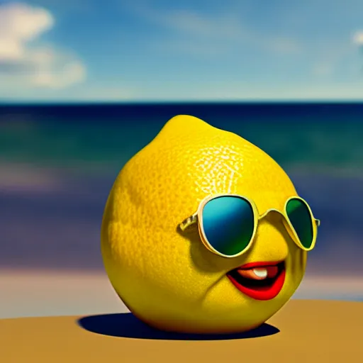 Prompt: Pixar render of a lemon wearing sunglasses on the beach sitting on a beach chair, 4K, high octane render,