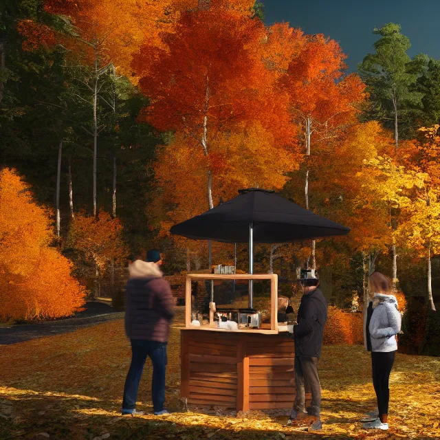 Image similar to pumpkin headed people ordering maple coffee at a maple coffee stand, maple trees with fall foliage, on a mountain in new hampshire, volumetric, realistic, cinematic lighting, ray tracing, unreal engine 5, octane render, hyper realistic, photo, 8 k