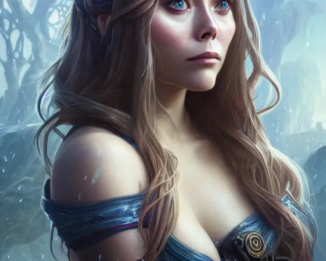 Image similar to a gaming screenshot still portrait of elizabeth olsen in final fantasy, deep focus, d & d, fantasy, intricate, elegant, highly detailed, digital painting, artstation, concept art, matte, sharp focus, illustration, dark fantasy style art, hearthstone, art by artgerm and greg rutkowski and alphonse mucha