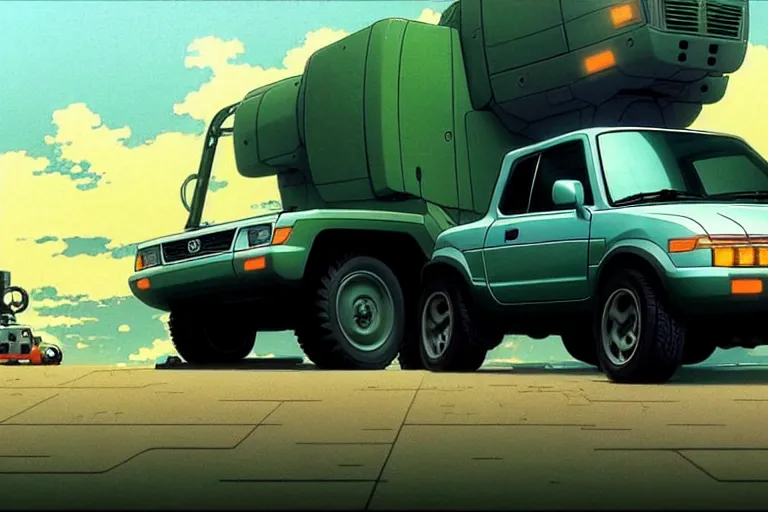 Prompt: honda e kei truck with tank treads, painted by greg rutkowski makoto shinkai takashi takeuchi studio ghibli, akihiko yoshida 2 0 0 1 space odyssey