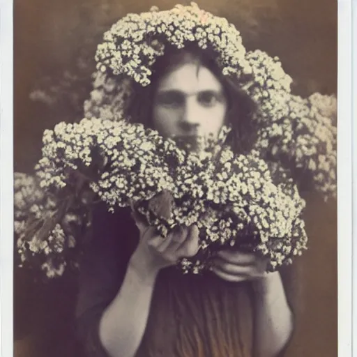 Image similar to woman covered in flowers, 1910 polaroid photography,