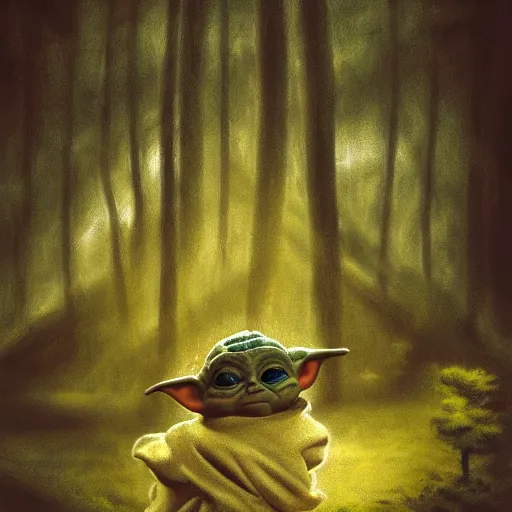 Prompt: high - angle view, shot from 5 0 feet distance, baby yoda on a well lit path in a dimly lit forest. dramatic clouds, setting sun. oil on canvas, digital art, light, shadow, contrast, detailed, depth, volume, chiaroscuro, drama, quiet intensity, realism
