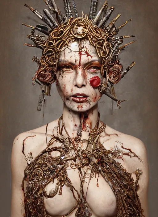 Image similar to expressive photo of sophia lauren, bumpy mottled skin full of blood and scars, ornate headpiece made from metals, cables and wires, hyper maximalist, elegant, body horror, by karol bak nd yoshitaka amano and greg rutkowski and jeremyg lipkinng and artgerm, photorealistic, fashion photography