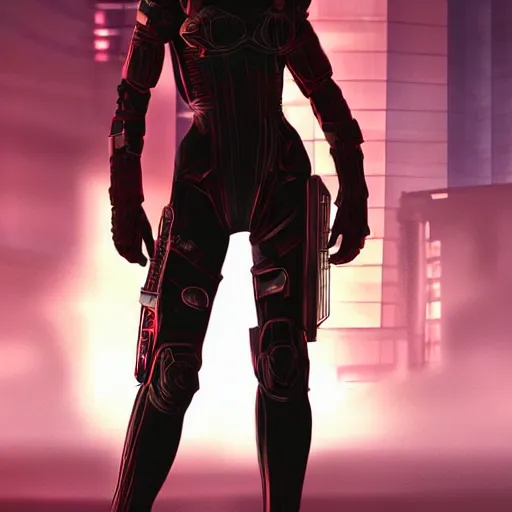 Image similar to A comic book style portrait painting of a warrior girl wearing black & reddish color cyber suit, no helmet fighting on rooftop Tokyo cyberpunk feel night, rpg portrait, dramatic light, rim light, unreal engine render, octane render, hyperrealistic