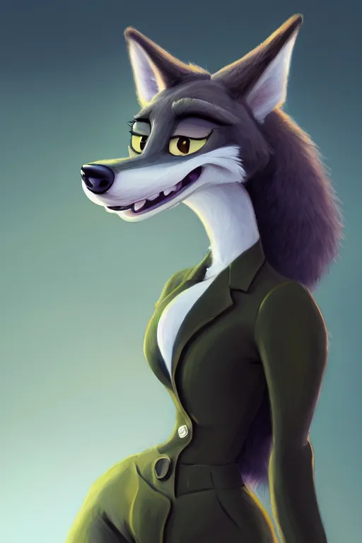 Image similar to oil painting of anthromorphic female wolf, in style of zootopia, female fursona, furry, furaffinity, 4 k, deviantart, furry art, fursona art, wearing black business suit, business suit, wolf fursona, female, very expressive detailed feminine face,