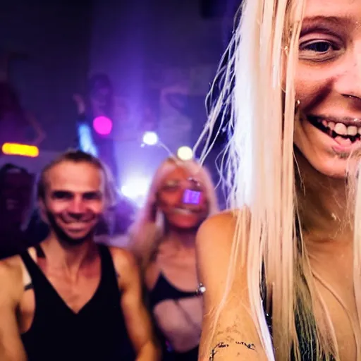 Image similar to skinny blond reporter with long deadlocks takes a smiling selfie in front a rave, winking at the camera, high detail, full focus, time magazine 2 0 2 2