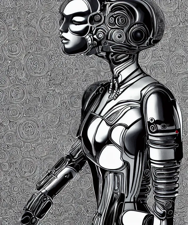 Prompt: a woman turning into an android, portrait, wearing aa cybernetic body, surrealism, intricate detail, ornate armor