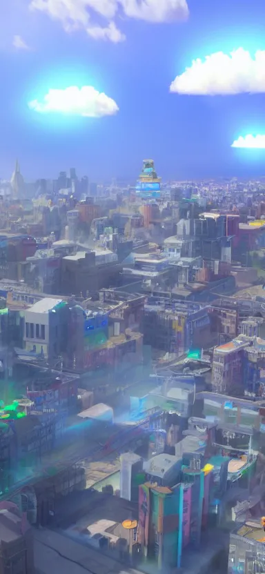 Image similar to unreal engine 5 render of a happy city on a sunny day with lasers coming out of the clouds, digital art ”