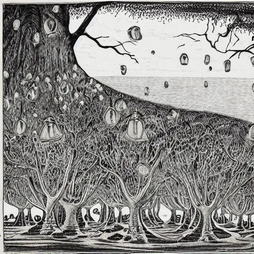 Image similar to 1 9 th century wood - engraving, whole page illustration, art in the style of alex colville, a tiny village carved into the side of a tree, inhabited by elves and faeries, the outside lights are bioluminescent mushrooms and fungi intricately detailed