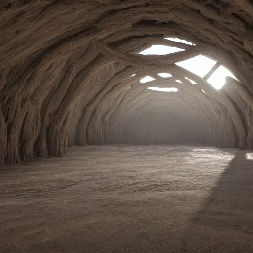 Image similar to a photo of the interior of a vast vaulted structure made of driftwood, the structure is infinite, volumetric lighting, light rays, photorealistic, ultrarealistic, coronarender, 8k