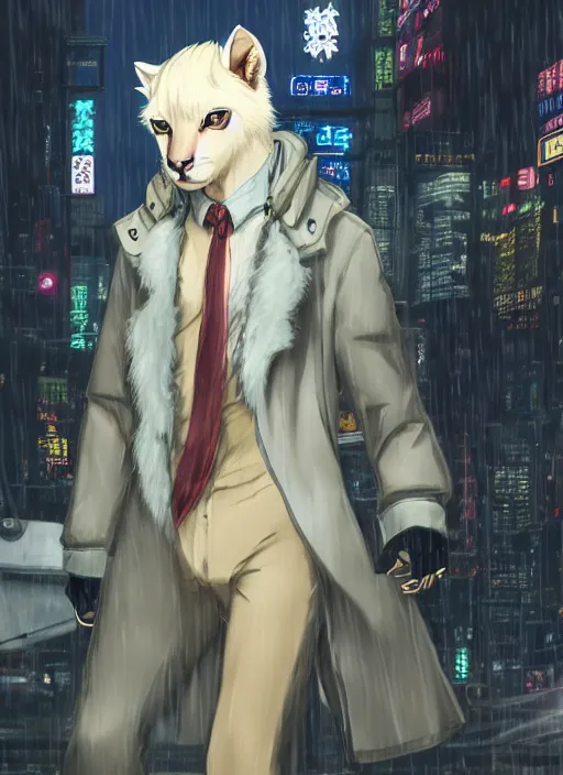 Prompt: character portrait of a male anthro albino mountain lion fursona with a cute beautiful attractive furry face wearing stylish clothes in a cyberpunk city at night while it rains. hidari, color page, tankoban, 4K, tone mapping, Akihiko Yoshida.