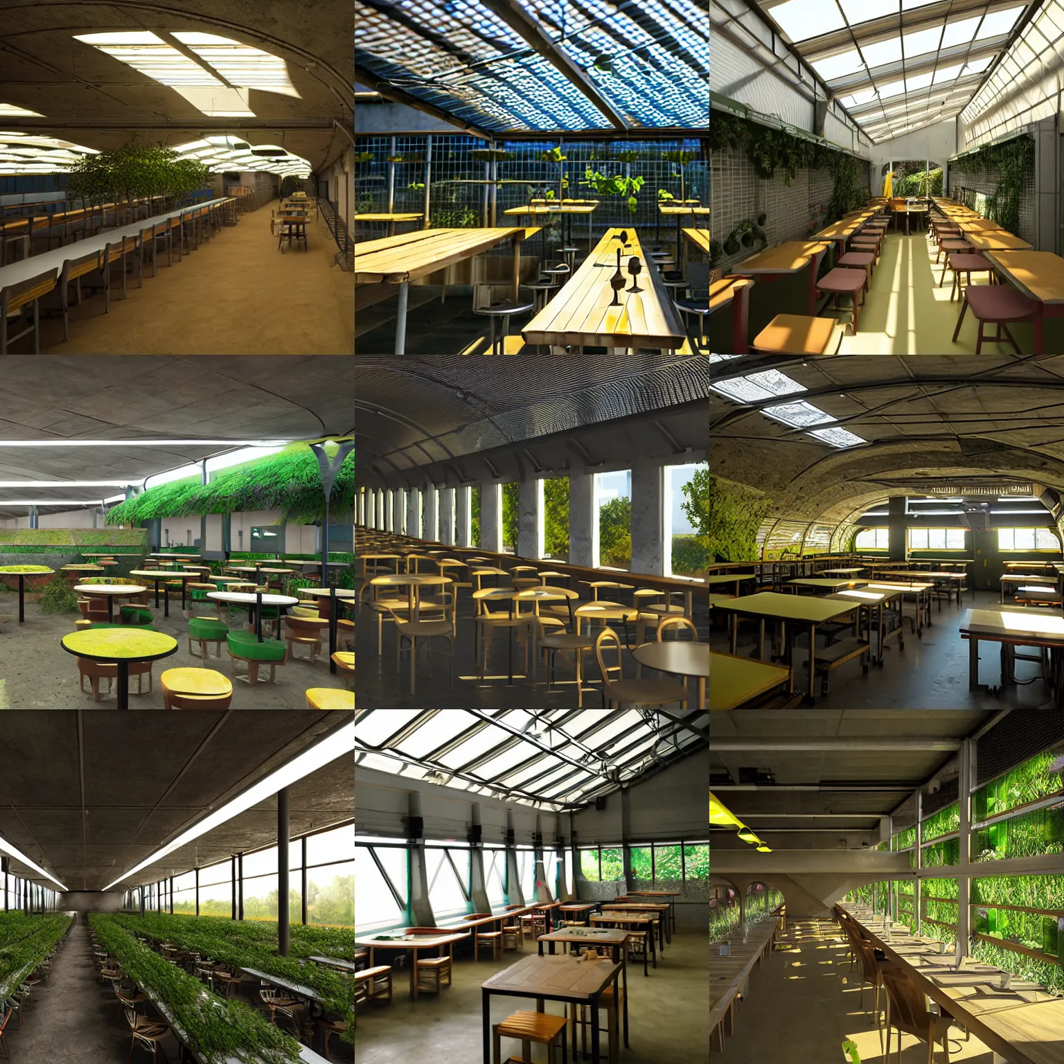 Image similar to solarpunk cantine, natural lighting