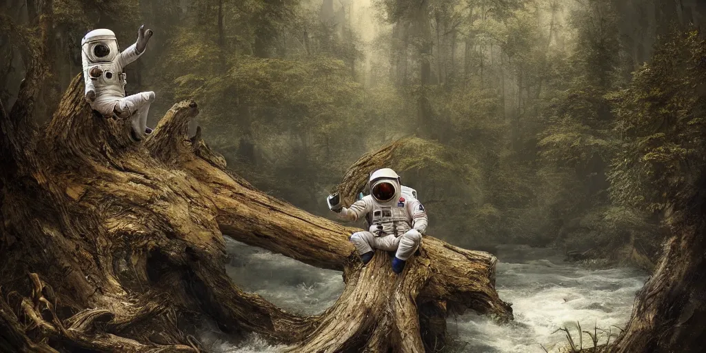 Image similar to an astronaut sitting on a fallen tree by a river in a forest, a detailed matte painting by frieke janssens, featured on cgsociety, fantasy art, matte painting, reimagined by industrial light and magic, matte drawing