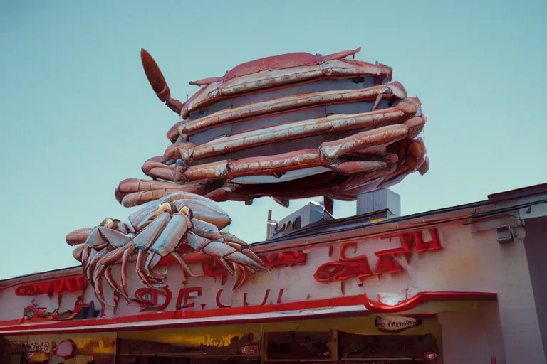 Image similar to 2 0 1 5 giant crab terrorizing a city, googie architecture, americana, fishcore, exterior photography, hd 8 k, photography cinestill