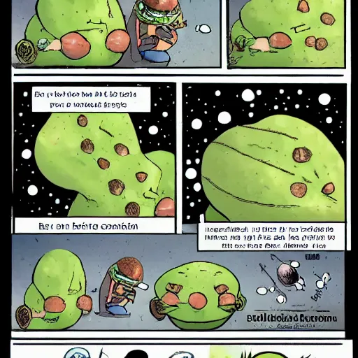 Prompt: a 3 panel comic strip about avocadoes in space, style of bill watterson