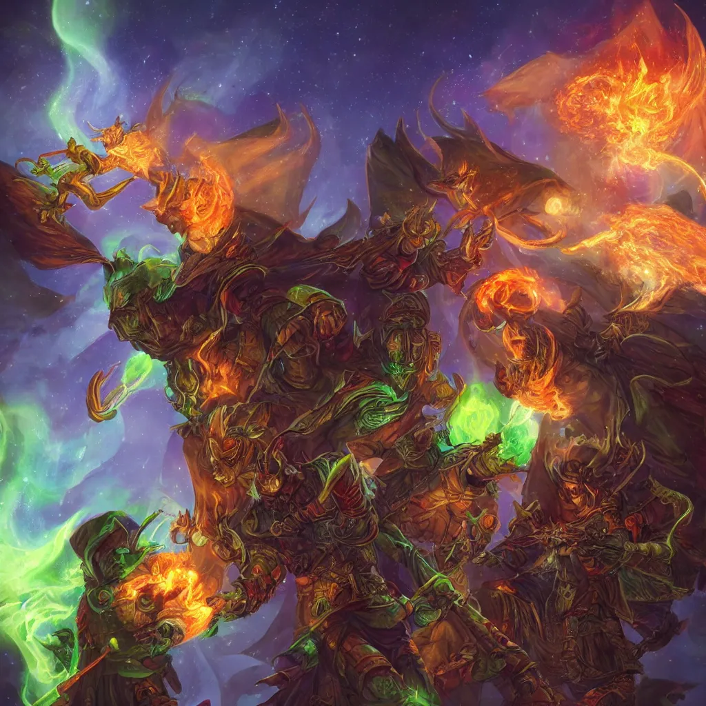 Image similar to dungeons and dragons, hyper detailed, realistic, warlock with pet imp, magic aura, northern lights, fumes and flames in background, full body
