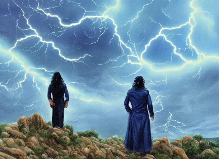 Prompt: a man with a long wavy black hair wearing a long blue coat and stands in the foreground with his back to the viewer. he is on bare rocky ground looking up at an immense approaching lightning storm. roiling dramatic threatening dangerous looming clouds. dramatic fantasy art by michael whelan