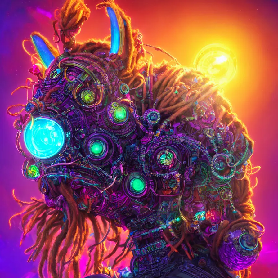 Prompt: llama with dreadlocks, vibrant colors, mandala ornament, cybernetic glowing, by jarold Sng by artgerm, by Eddie Mendoza, by Peter mohrbacher by tooth wu, unreal engine, octane render, cinematic light, high details, iridescent colors, dichroic, macro