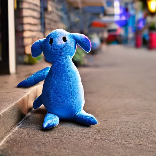 Image similar to blue'snappy gifts'plush doll, on sidewalk, gifts, happy atmosphere, high detail, soft lighting, 8 k