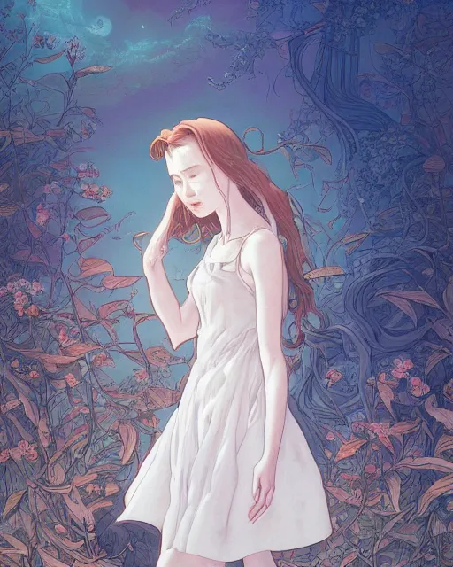 Prompt: a girl in a white dress depressed as she'll ever be, art poster, ambient lighting, detailed, by ayami kojima, makoto shinkai, kilian eng