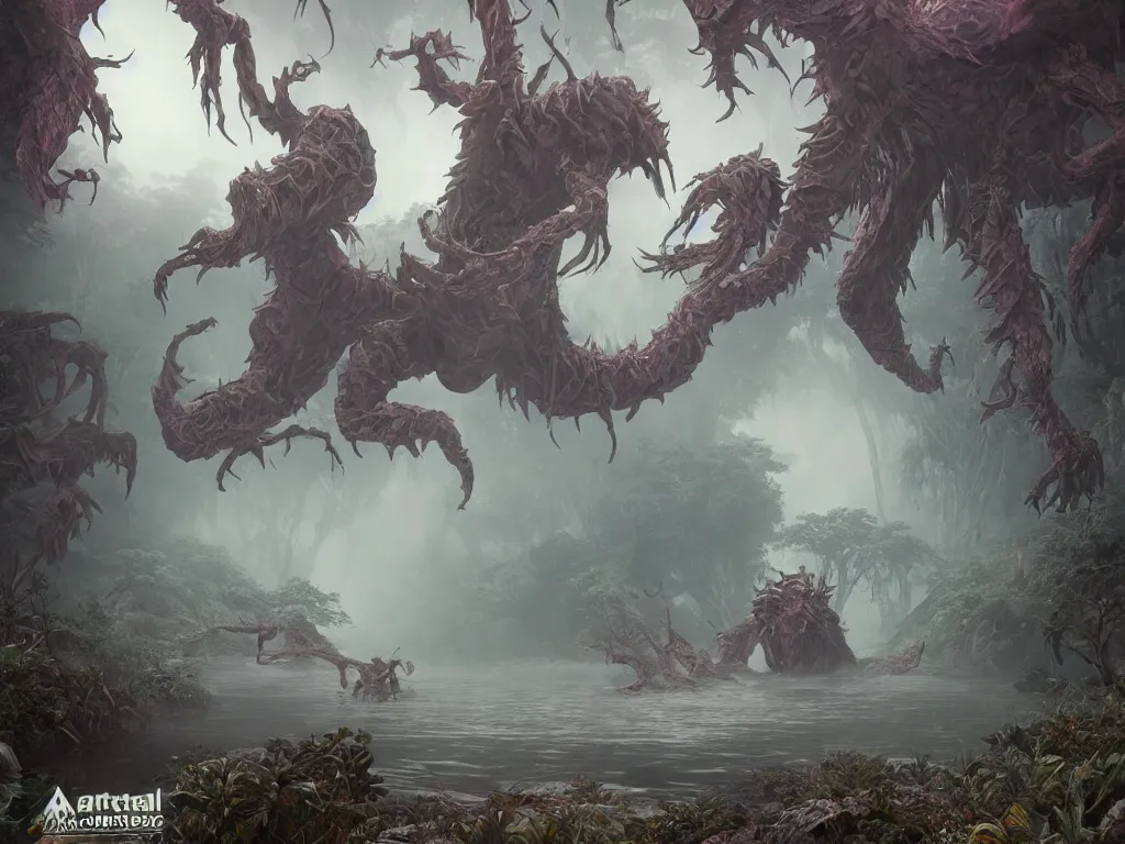 Image similar to scary mystycal monster with many limbs with elemental magic hunting in foggy river. vaporwave, unreal engine 5, art by artgerm and greg rutkowski and alphonse mucha, hdr global illumination, detailed and intricate environment. hyperrealistic, volumetric lighting. epic cinematic shot, perfectly defined features, ambient occlusion