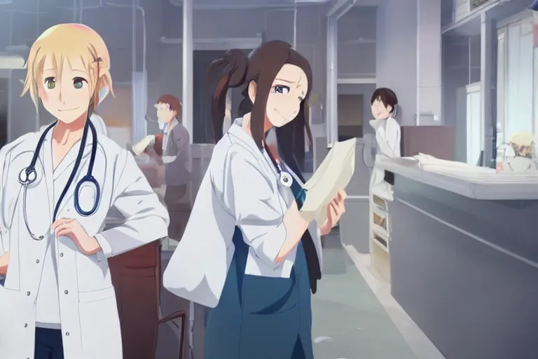 Image similar to a cute young female doctor wearing white coat are working in an emergency department , slice of life anime, cinematic, lighting, 8kHDR, anime scenery by Makoto shinkai