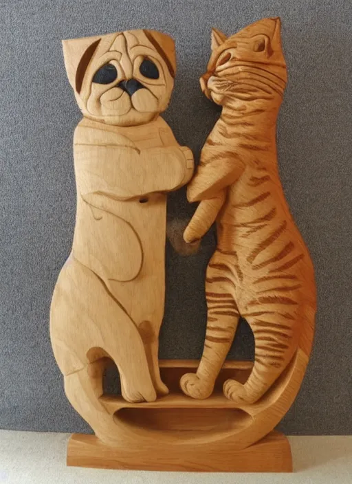 Image similar to wood carving of a pug squaring up to a large tabby cat