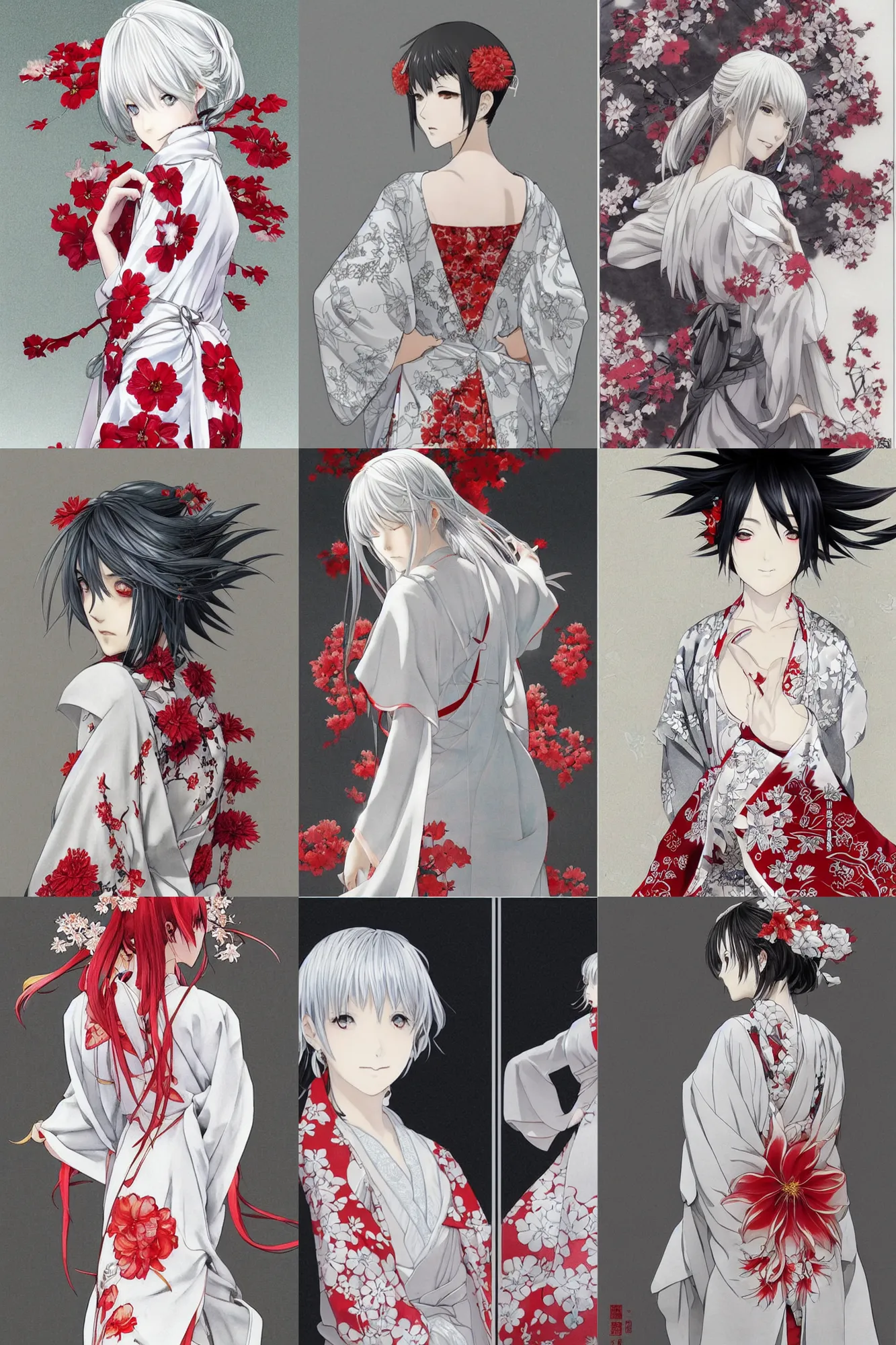 Prompt: beautiful girl, silver hair, white kimono with complex red flower patterns, full body, looking to camera, showing her shoulder from back, ilustration by Takehiko Inoue ((and Krenz Cushart))