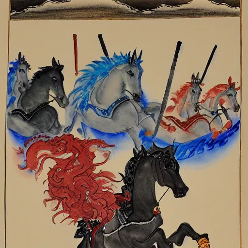 Image similar to four horsemen of apocalypse, in style of traditional japanese watercolor painting