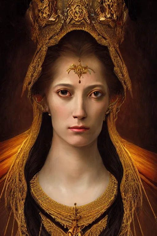Prompt: portrait, headshot, digital painting, of Mother Ayahuascaa as a 17th century, beautiful female Royal, dark hair, amber jewels, baroque, ornate clothing, scifi, futuristic, realistic, hyperdetailed, chiaroscuro, concept art, art by caravaggio