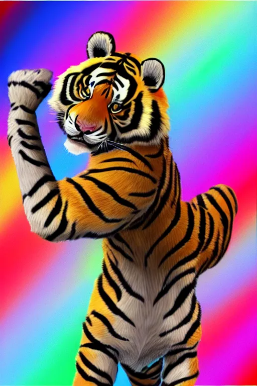 Image similar to Male masculin Furry Tiger as Police ,fullbody, Rainbow Background, 8k Photo Realistic