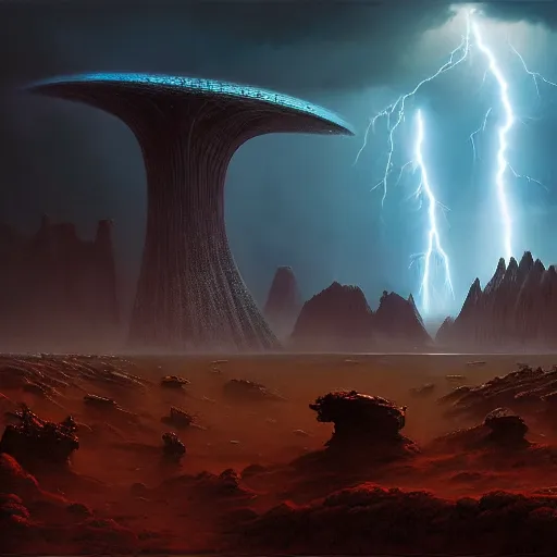 Prompt: an epic colossal scene in a forgotten ancient city of demigods from the exoplanet Gliese 581c on a harsh alien desert, by Nathan Dane Clarke, by Bruce Pennington, masterpiece, cinematic composition, aesthetic, dynamic, beautiful, detailed, beautiful lighting, stormy weather, thunder, volumetric dark clouds, heavy acid rain, 8K, no frames, rtx on