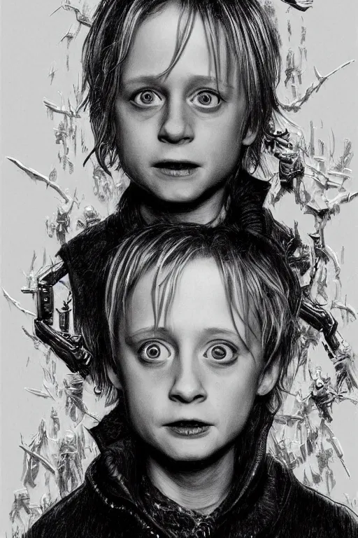 Image similar to realistic portrait beautiful concept art of home alone 2 movie scene when little macaulay culkin turns into cyborg. horror, created by gustave dore and greg rutkowski, high detailed, smooth draw, synthwave neon retro, intricate, trending on artstation.