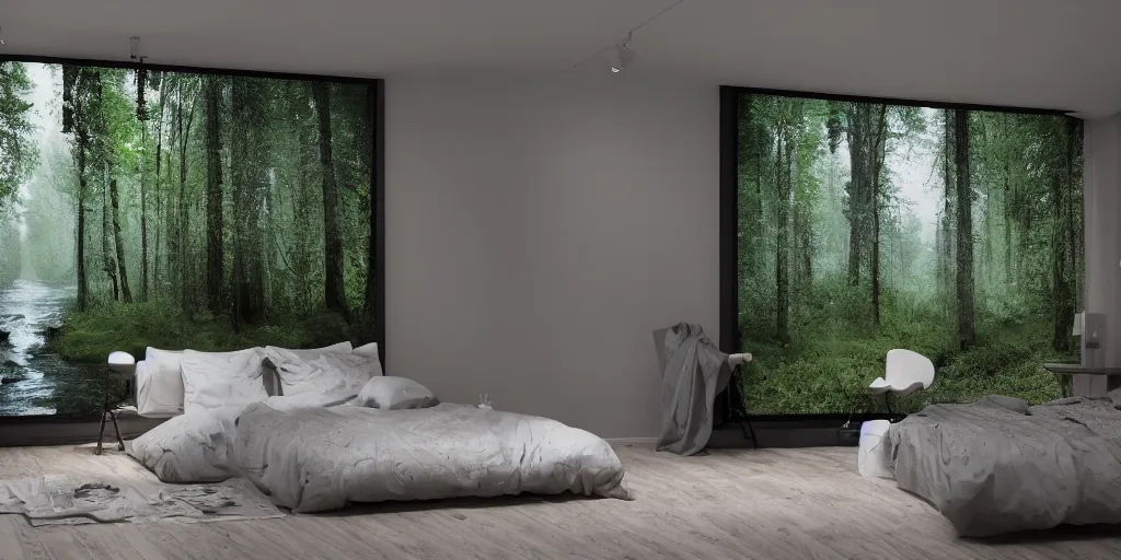 Image similar to a view inside modern bedroom in the middle of a raining forest with river, unreal 5, hyperrealistic, realistic, photorealistic, dynamic lighting, highly detailed, cinematic landscape, studio landscape, studio lighting