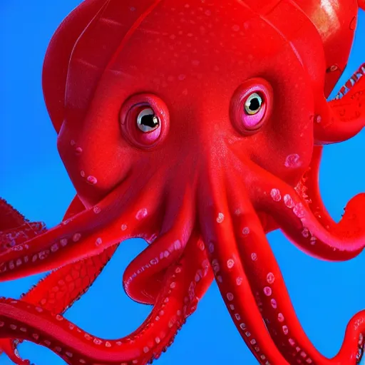 Image similar to portrait of red octopus, sly, cunning, blue background, pixar style animation 3d extremely gloomy lighting, atmospheric, cinematic, detailed illustration unreal Engine, 8K