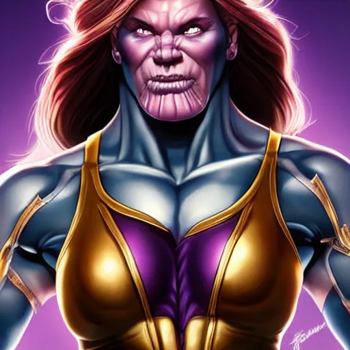 Prompt: thanos as a muscular woman, highly detailed full body portrait, elegant, breathtaking art, by artgerm