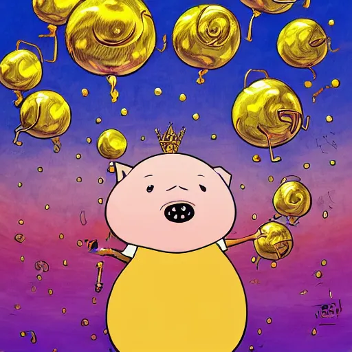 Prompt: trippy comic art of a obese pig wearing a gold crown throwing tan paper balls into the air, drawn by Martin Rowson, Tim Burton, Studio Ghibli, Alex Pardee, Nekro Petros Afshar, James McDermott, colors by lisa frank, unstirred paint, vivid color, cgsociety 4K