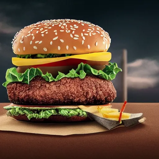 Prompt: an ad from macdonalds of a dirt themed burger