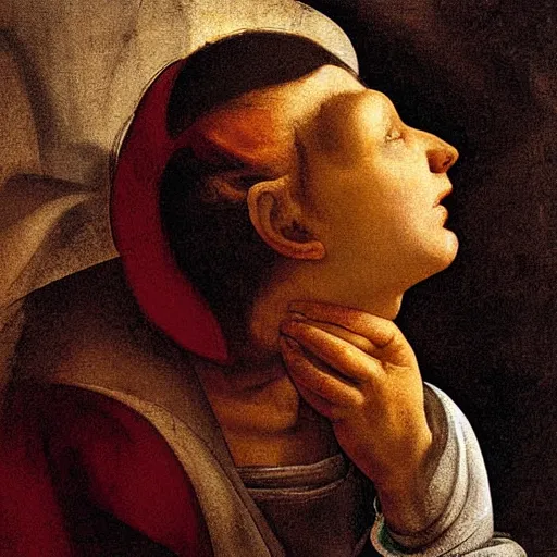 Image similar to scared woman staring up, high detail painting by michelangelo