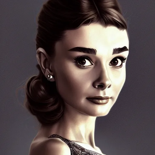 Image similar to portrait of a young audrey hepburn, upper body, seductive eyes, long hair, joyful smirk, intricate, elegant, highly detailed, digital painting, artstation, concept art, matte, sharp focus, illustration, art by artgerm and greg rutkowski and alphonse mucha
