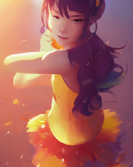 Image similar to a girl dressed as a mango fruit, mango color scheme, full shot, atmospheric lighting, detailed face, by makoto shinkai, stanley artgerm lau, wlop, rossdraws