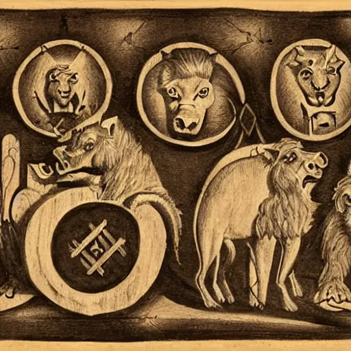 Image similar to sigil of a pig, a lion, a jester, a bat, and a knight carved into a cave's wall