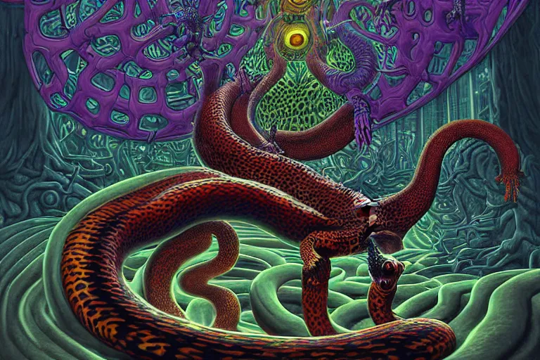 Image similar to a detailed digital art painting of a cyberpunk magick oni dragon with occult futuristic effigy of a beautiful field of mushrooms that is a adorable leopard atomic latent snakes in between ferret biomorphic molecular hallucinations in the style of escher, alex grey, stephen gammell inspired by realism, symbolism, magical realism and dark fantasy, crisp,