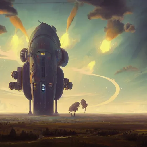 Image similar to a digital painting of a gigantic big enormous spaceship in the sky, concept art by simon stalenhag and peter mohrbacher cgsociety, vanitas, ominous, speedpainting, apocalypse art. low angle shot. unreal engine. hyper - realistic. photo realistic. octane render. detailed masterpiece. extreme wide shot.