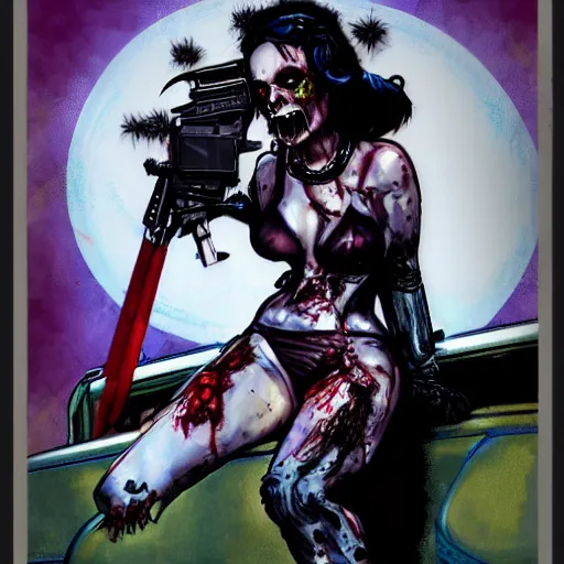 Prompt: zombie mech christina ricci pinup, art by michael miller
